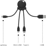 Xoopar Octopus - Câble Multi USB 4 en 1 en Forme de Pieuvre - Chargeur Universel en Plastique Recyclé - Prise USB-C, Lightning, USB-A, Micro USB pour Smartphone - Noir