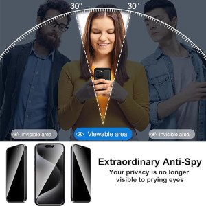 Coque Anti-Espion pour iPhone 15 Pro Max - Protection Totale à 360° en Verre Trempé, Argent