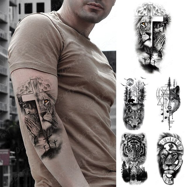 Tatouage-Autocollant-Temporaire-tanche-pour-Homme-et-Femme-Prier-Croix-Discuter-Tigre-Loup-Croix-Animal-Sauvage.jpg_640x640